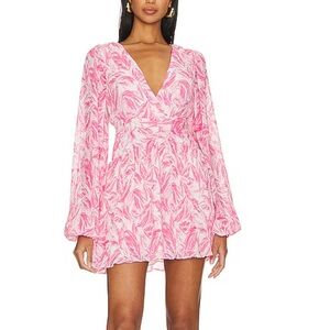 Tularosa Clara Mini Dress Sz L Pink V-neck Back Cut Out Long Blouson Sleeve